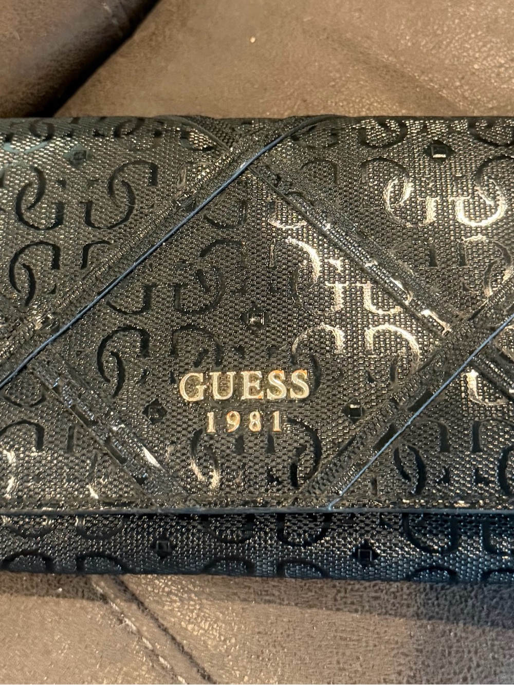 GUESS Black Logo Quilted Flap Wallet with Gold Hardware